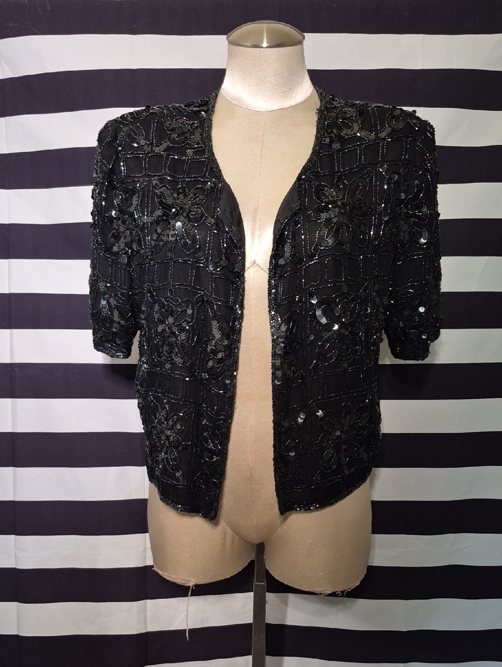 Vintage Stenay Black Beaded Sequin Open Front Jacket